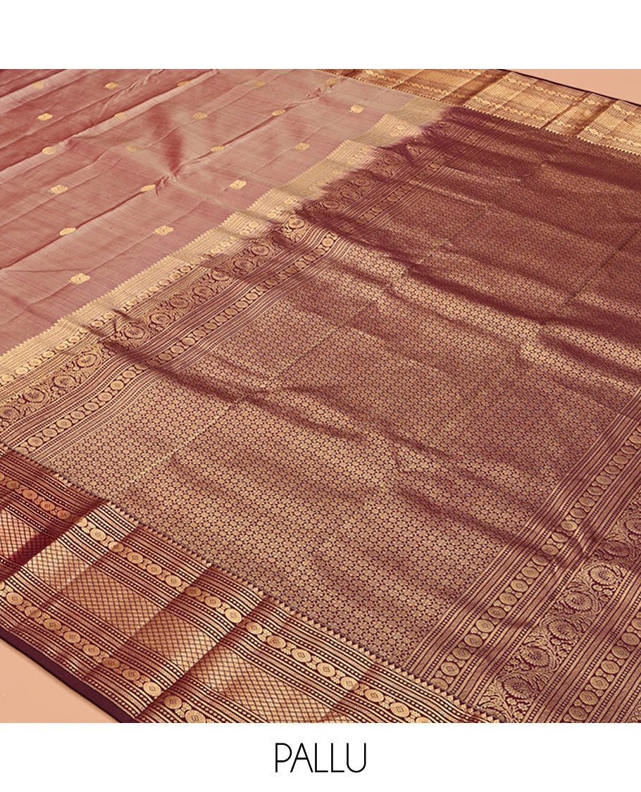 Pink Vasundhara Silk Saree, Delicately Woven with Mayil-Chakram Buttas, a Contrast Traditional Border of Wedding-Themed Designs, Grand Pallu, and a Contrast Blouse