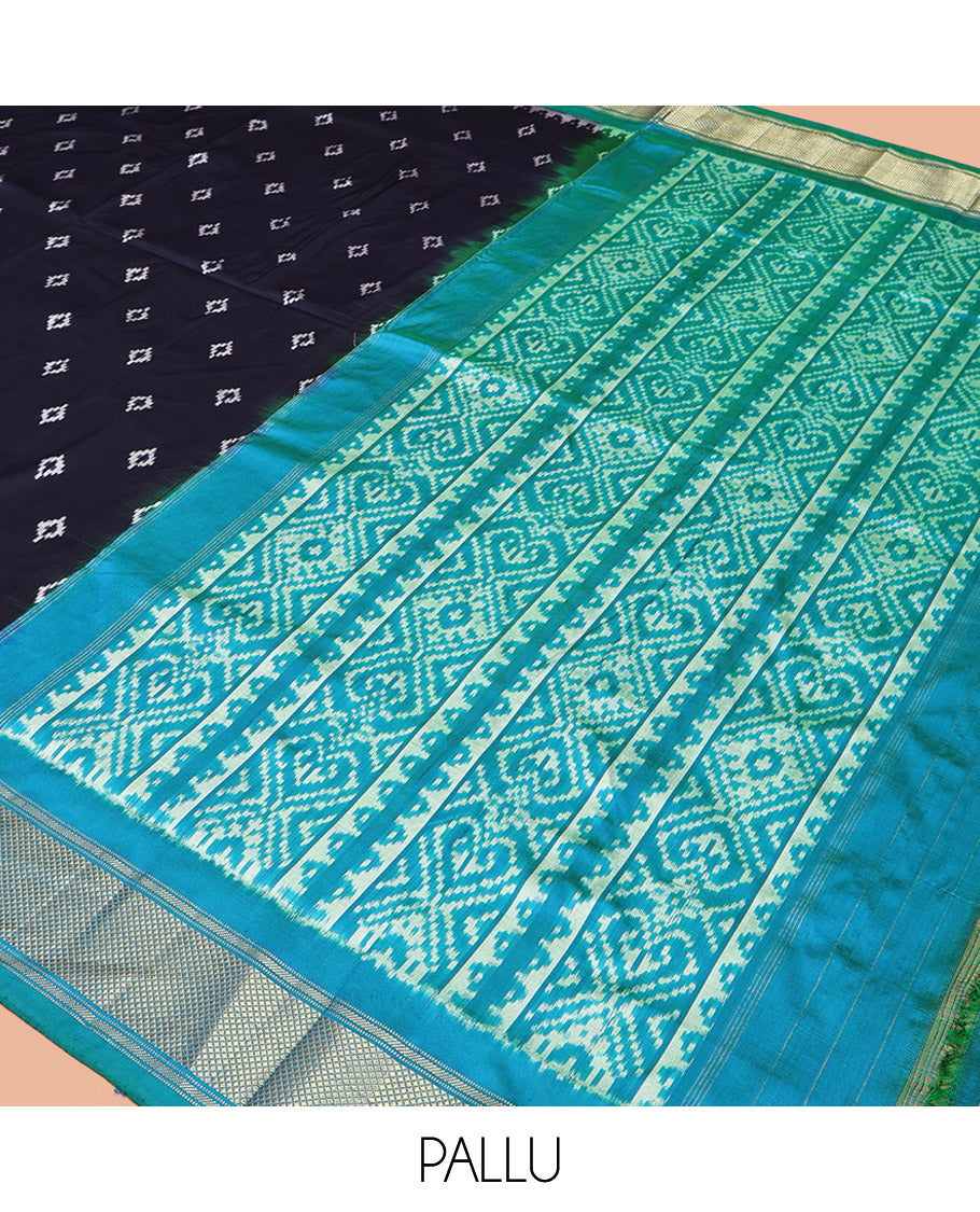 Blue Pochampally Ikat Silk Saree, Accentuated with Ikkat Buttas on Its Body, Complemented by Contrast Temple Traditional Design Border, Pallu of Intricate Patterns, and Paired with a Contrast Blouse