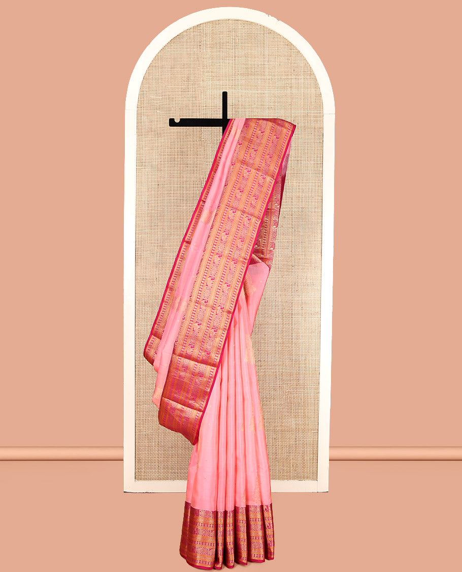 Pink Vasundhara Lite Silk Mix Saree, Featuring Zari Buttas, Contrast Border of Chakram, Yaanai, Neli, Kathir, and Kamalam, Vanki Pallu, and a Contrast Blouse