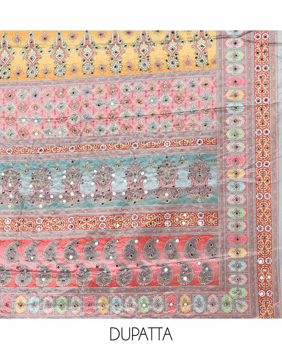 shifli lucknowi embroidery mango design georgette chudidhar material top with american crepe pant & floral digital print, sequins embroider dupatta