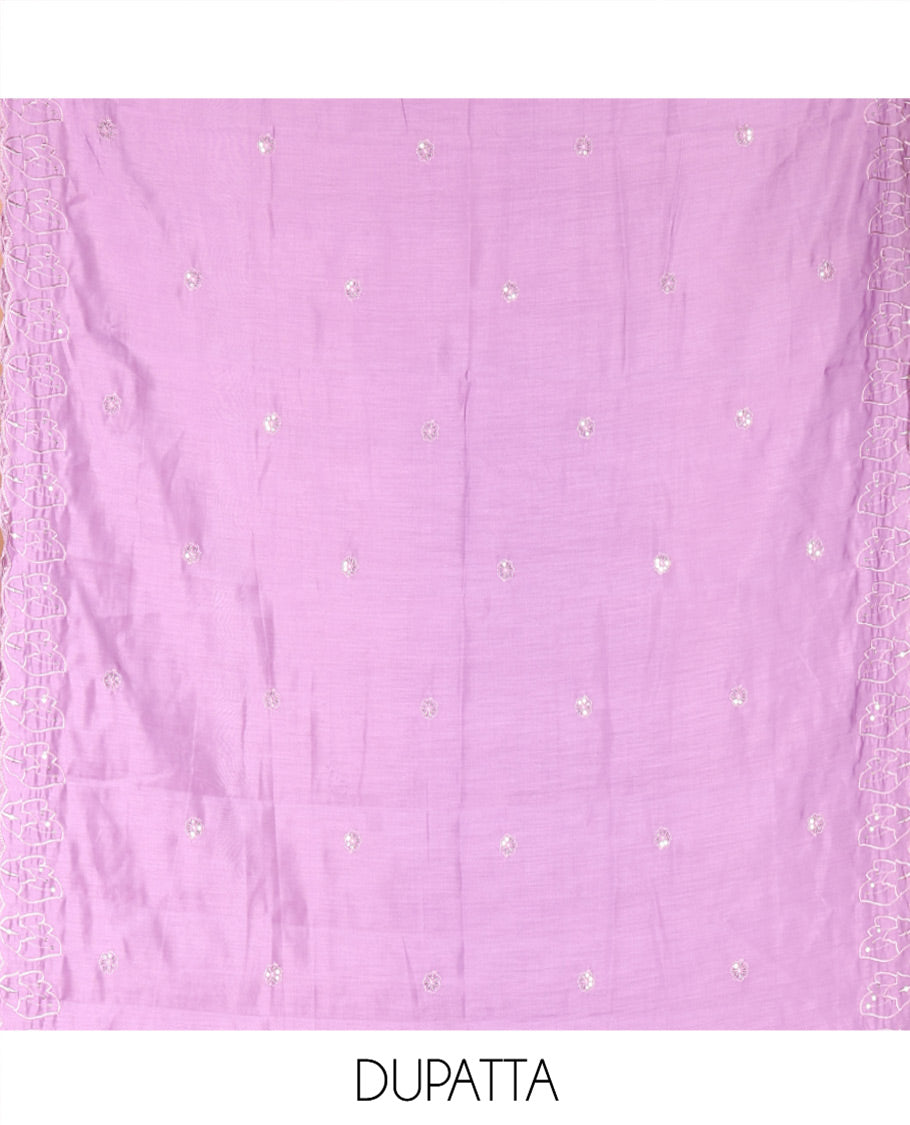 Lavender Mul Chanderi Material Chudidar Set, Elevated with Appliqué Floral Embroidery on Its Top, a Plain Santoon Bottom, and Paired Scallop Embroidered Mul Chanderi Dupatta
