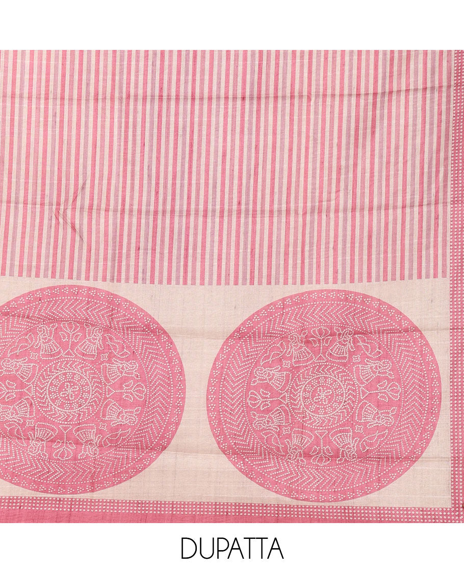 Pink semi-tussar material chudidar set, stripes & bandhani-style dotted motifs printed top & dupatta with heathered bottom