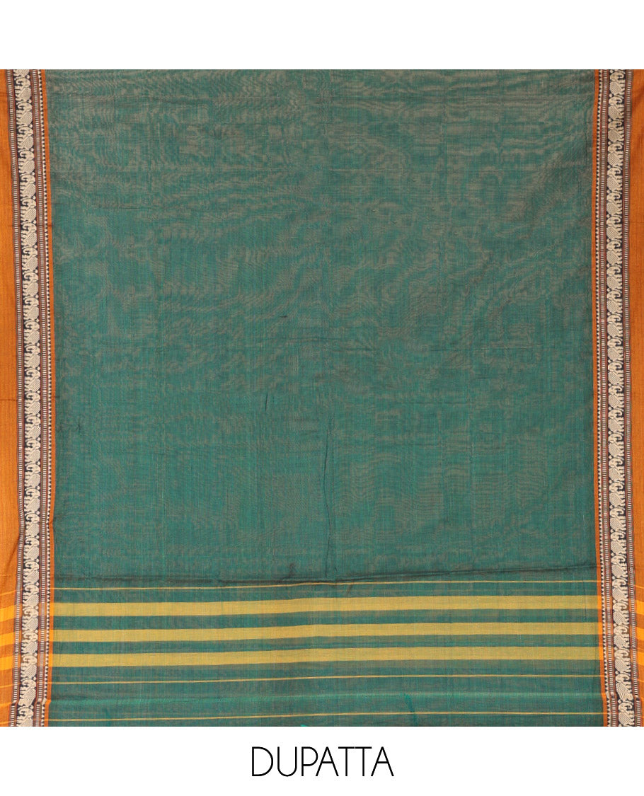 Green Mercerised Cotton Material Churidar Set, Subtly Woven Plain with Contrast Traditional Elephant Motif Bordered Top, a Plain Santoon Bottom, and Paired with a Mercerised Cotton Dupatta