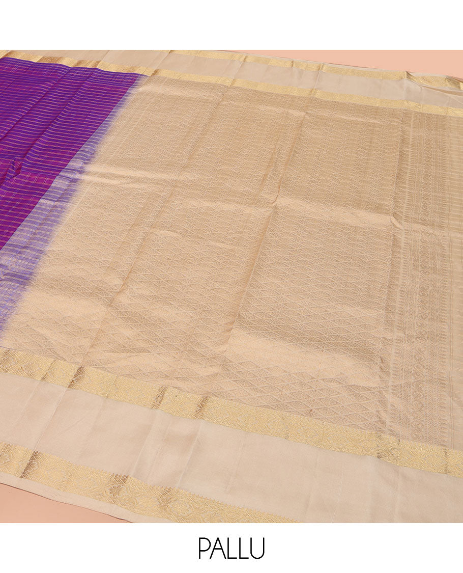 Purple Vasundhara Silk Saree, Steeped in Richness of Micro-Zari Checks All Over Its Body, Complemented by Contrast Rettai Pettu Border of Thilakam Mokku, Diamond, and Cross Kamalam Designs, Grand Jaal Pallu, and Paired with a Contrast Blouse