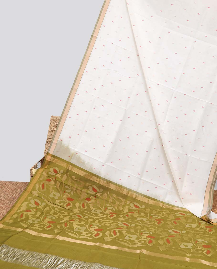 White floral motifs upadda silk saree with self zari border & floral vine design pallu