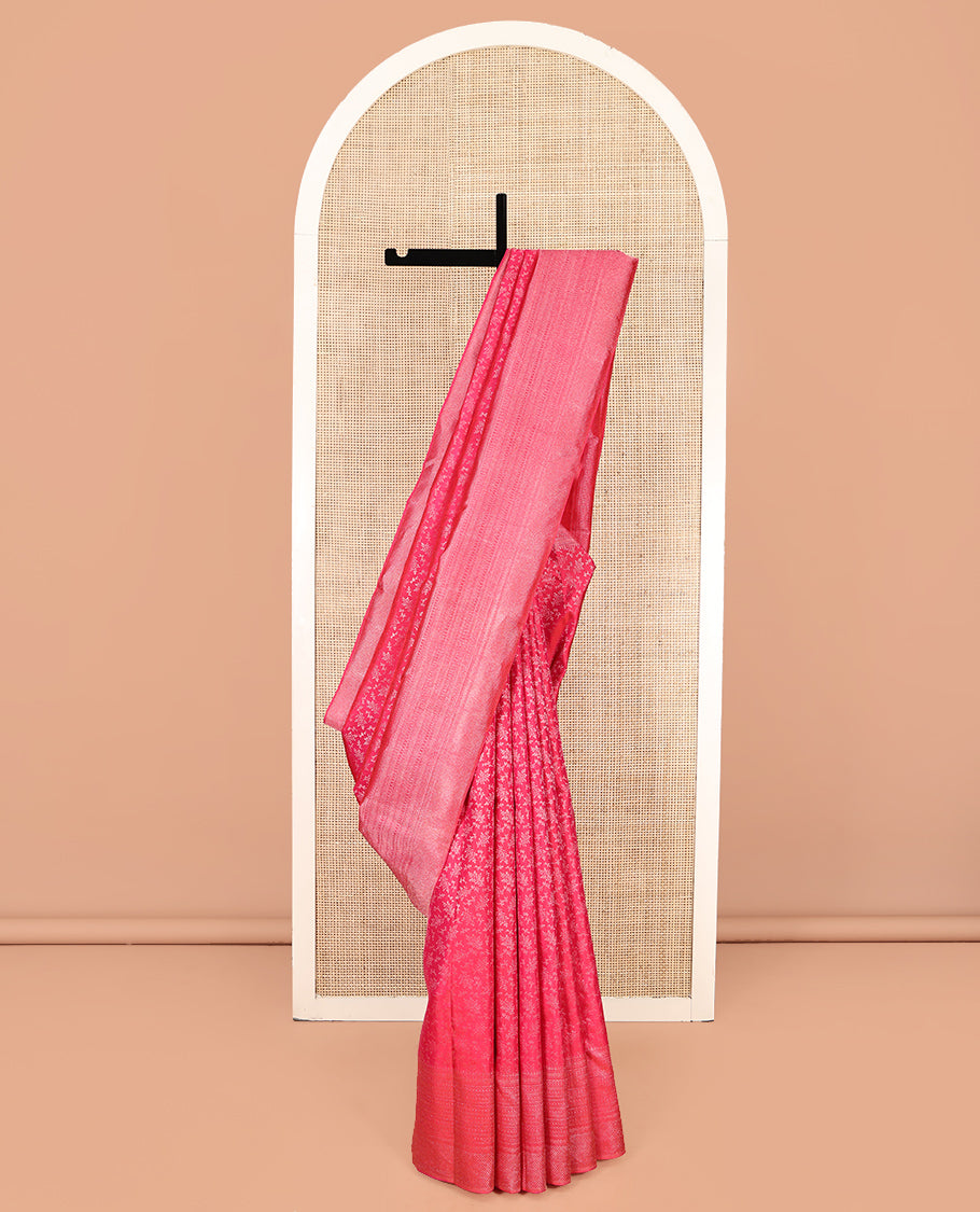 Pink Kanchipuram Wedding Silk Saree, Ornamented with Floral Jacquard, a Zari Geometric Pattern Border, Diagonally Striped Pallu, and a Matching Blouse