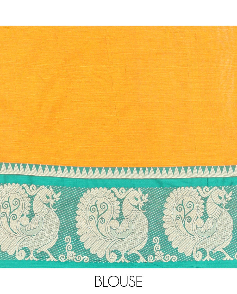 Mustard half saree with contrast peacock design border, embroidered blouse & plain, temple border dhavani