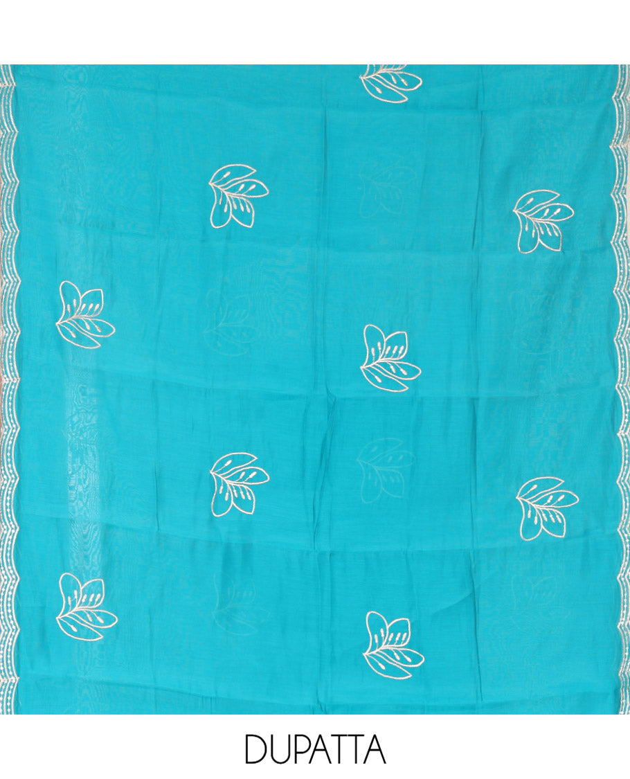 Blue Mul Chanderi Designer Material Chudidar Set, Meticulously Woven with Big Floral Motifs Embroidered On Its Top, A Plain Santoon Bottom, and Paired with a Mul Chanderi Scallop Thread Embroidered Dupatta