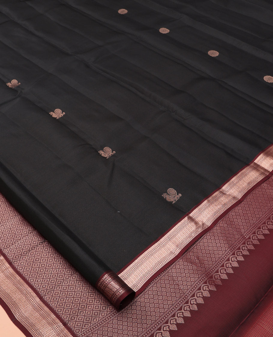 Black Vasundhara Lite Silk Mix Saree, Mesmerized with Mayil Buttas, a Contrast Border of Thilakam Mokku, Muthu, Lavangam, and Neli Designs, Jaal Pallu, and a Contrast Blouse