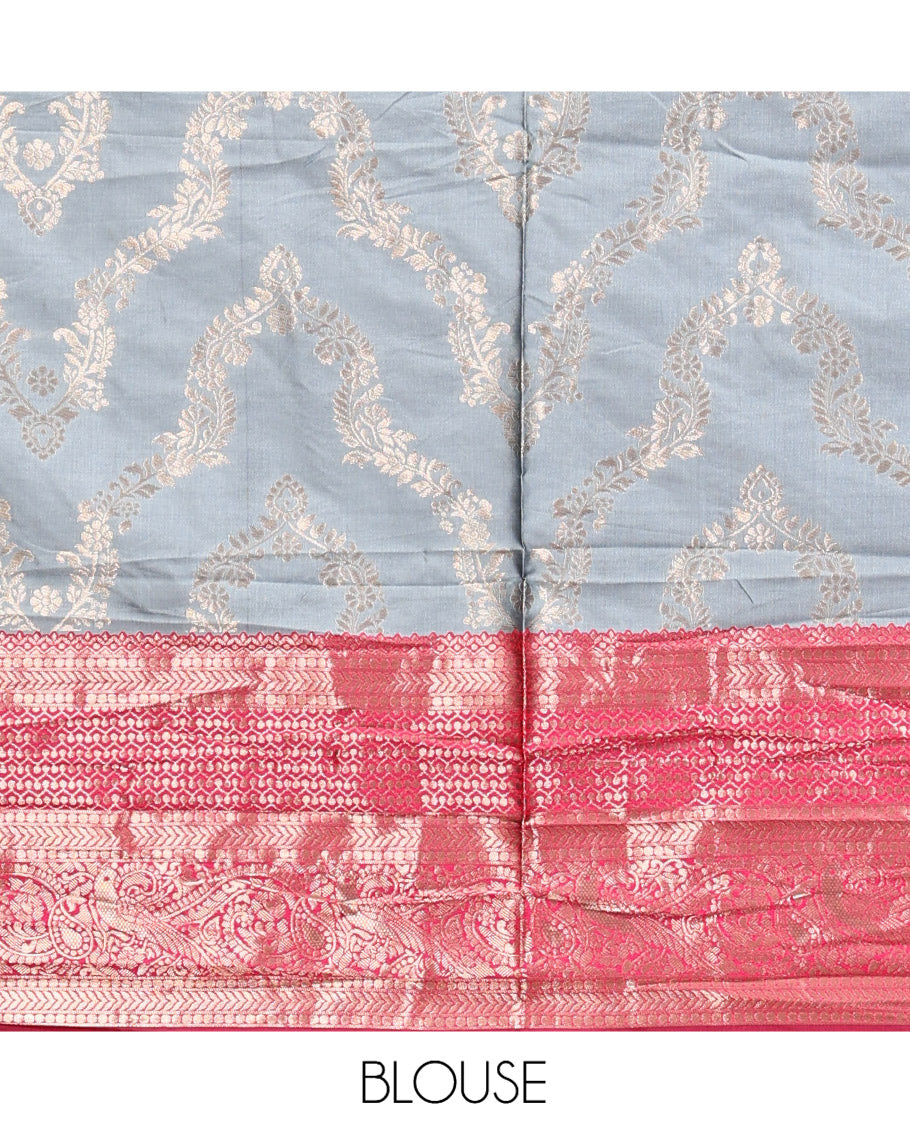 Grey Banarasi Half-Saree, Elevated with Floral Jacquard Design, a Contrast Traditional Zari Border, a Matching Blouse, and a Contrast Embroidered Dhavani