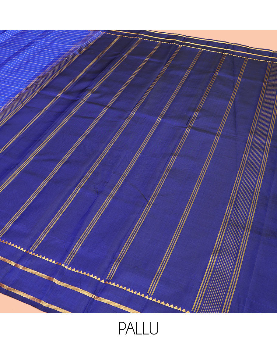 Blue Kanchipuram Silk Saree, Elevated with Stripes All Over Its Body, Complemented by Contrast Temple Zari Border, Subtly Zari-Striped Pallu, and Paired with a Contrast Blouse