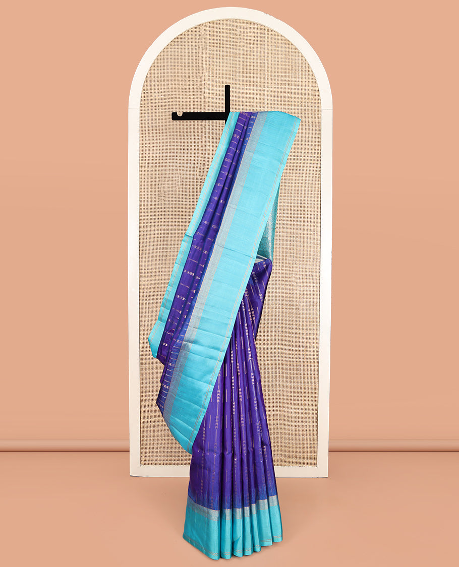 Blue Mayuri Soft Silk Saree, Embellished with Zari Stripes, Complemented by a Contrast Border, Pallu of Floral Jaal Design, and a Contrast Blouse