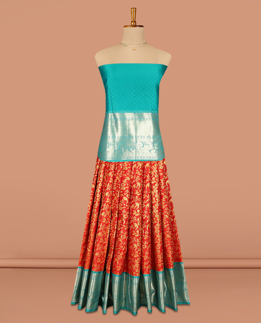 Red Jacquard Art Silk Pavadai Material, Bedecked with Contrast Traditional Border, a Contrast Blouse