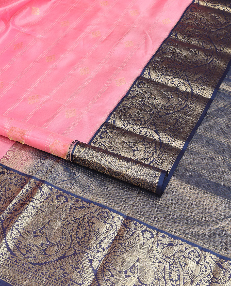 Light pink striped, floral design silk saree with contrast floral design border & floral enclosed checked design pallu