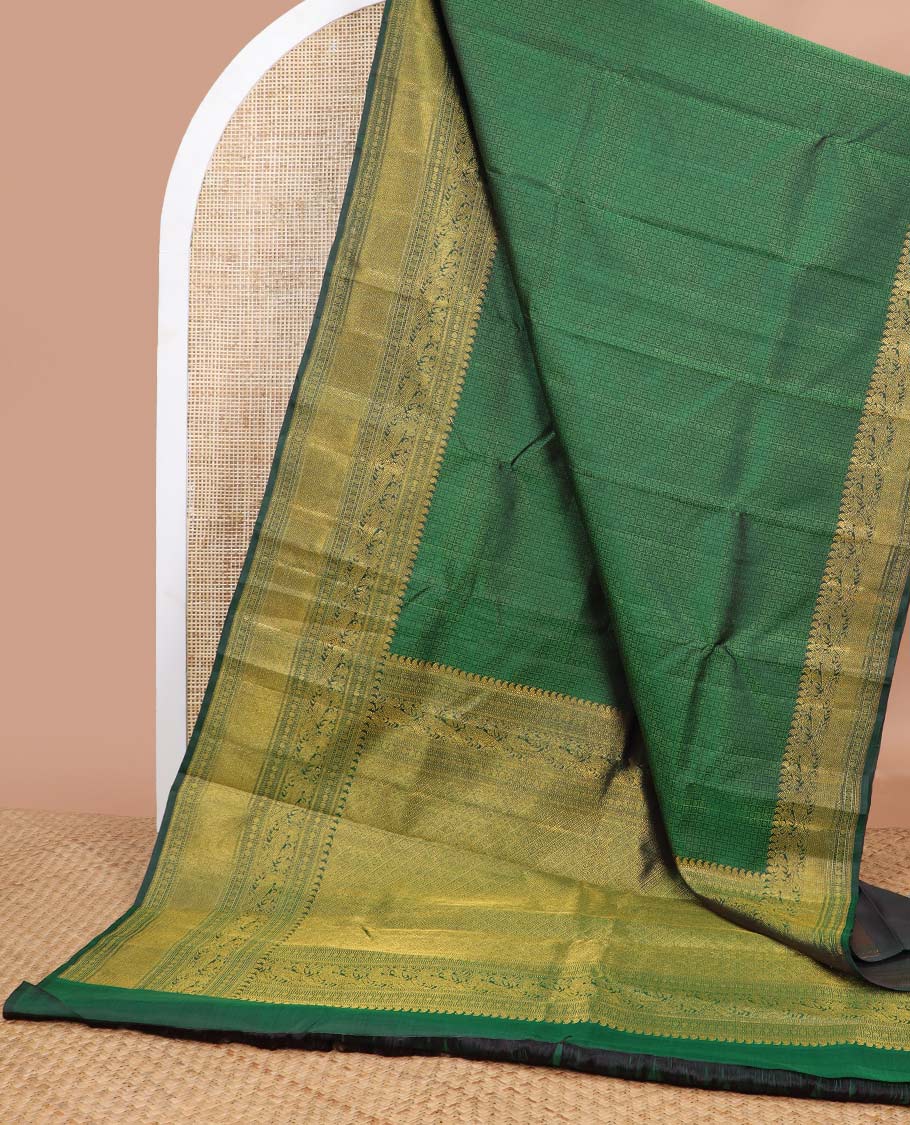 Green checked, floral design silk saree with self border of manga, paun, muth, kathir design & jaal design pallu