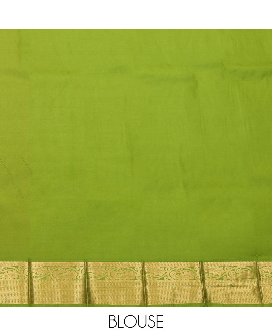 Peach Budget Silk Saree, Highlighted with Zari and Meenakari Buttas, a Contrast Traditional Zari Border, Grand Pallu, and a Contrast Blouse