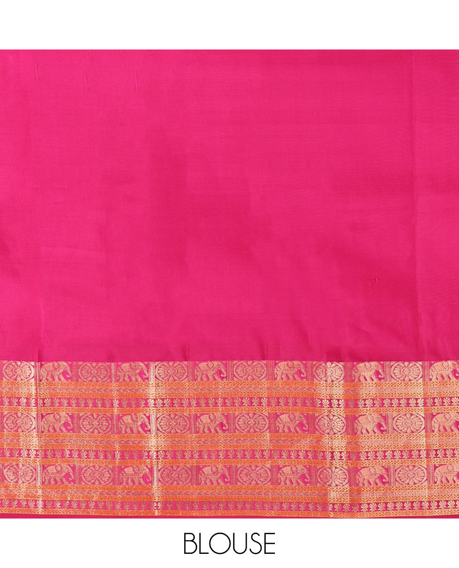 Pink Vasundhara Lite Silk Mix Saree, Featuring Zari Buttas, Contrast Border of Chakram, Yaanai, Neli, Kathir, and Kamalam, Vanki Pallu, and a Contrast Blouse