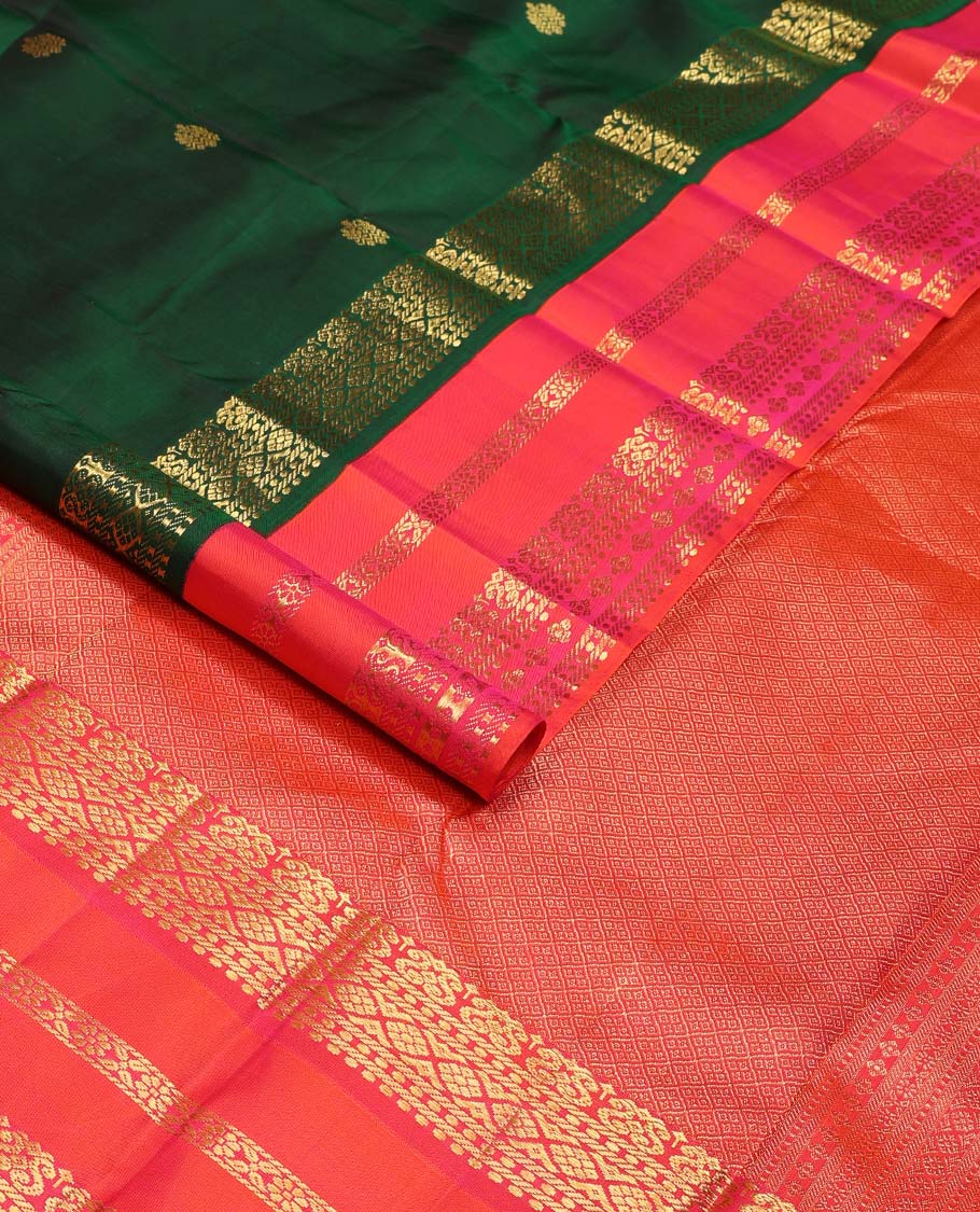 Green zari buttas Kanchipuram korvai silk saree, contrast varisai pettu border of zari designs, and jaal pallu