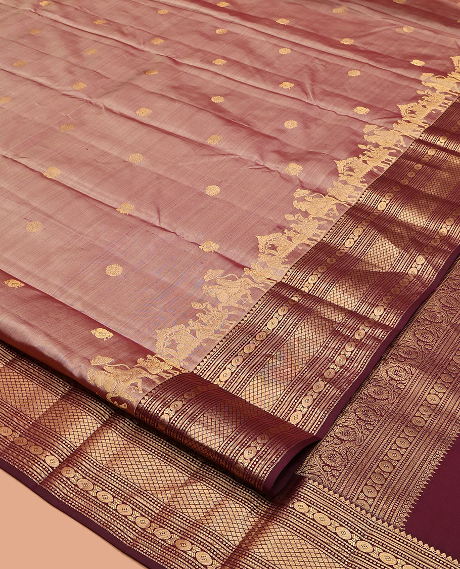 Pink Vasundhara Silk Saree, Delicately Woven with Mayil-Chakram Buttas, a Contrast Traditional Border of Wedding-Themed Designs, Grand Pallu, and a Contrast Blouse