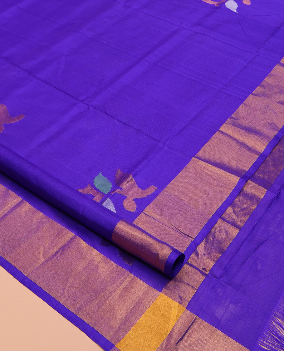 Violet Uppada Silk Saree, Adorned with Meena Floral Buttas on Its Body, Highlighted by Zari Bavanji Border, Pallu Steeped with Meena Floral Buttas, and Paired with a Matching Blouse