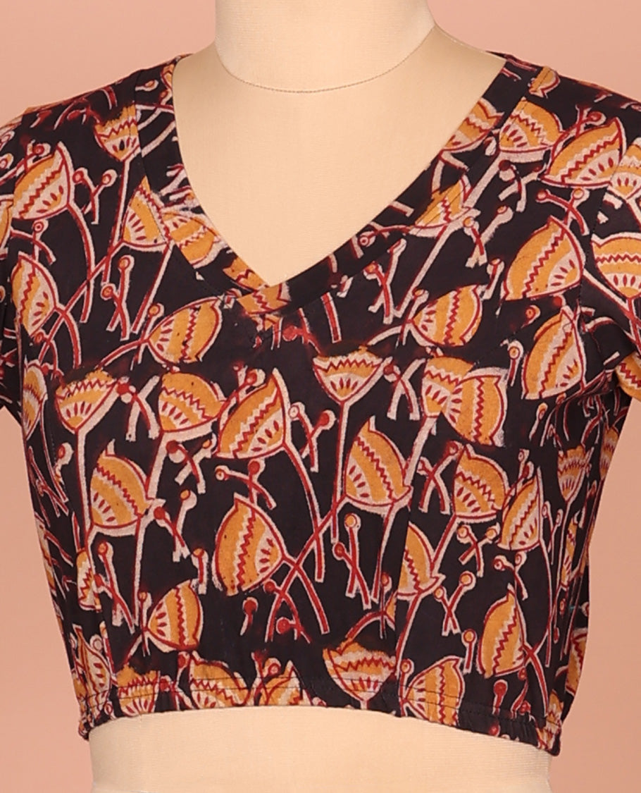 Multi-color Cotton Readymade Blouse Enlivened with All-Over Floral Motifs Print, Featuring a Front Leaf-Neck, a Closed Back-Neck, and Elbow Sleeves