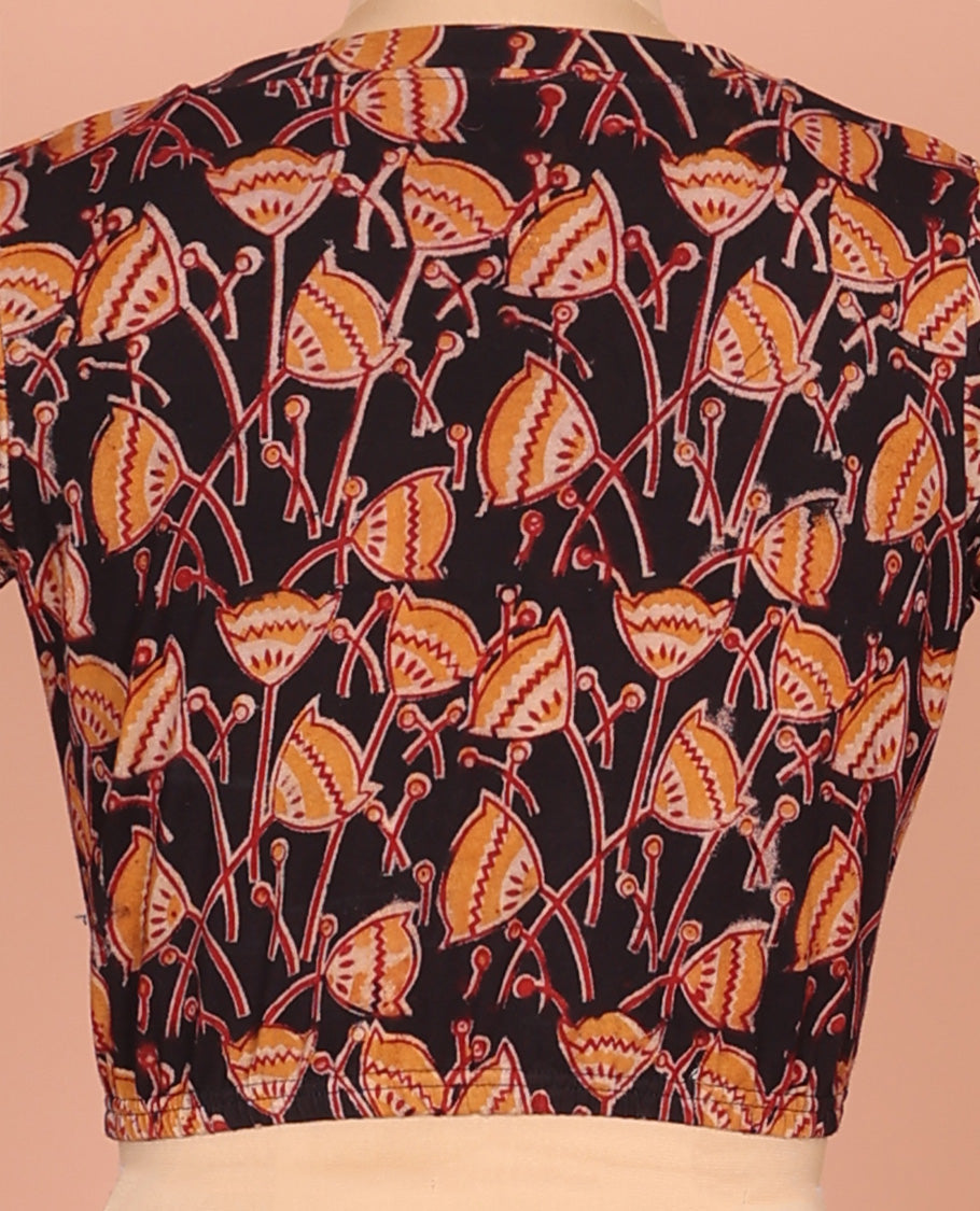 Multi-color Cotton Readymade Blouse Enlivened with All-Over Floral Motifs Print, Featuring a Front Leaf-Neck, a Closed Back-Neck, and Elbow Sleeves