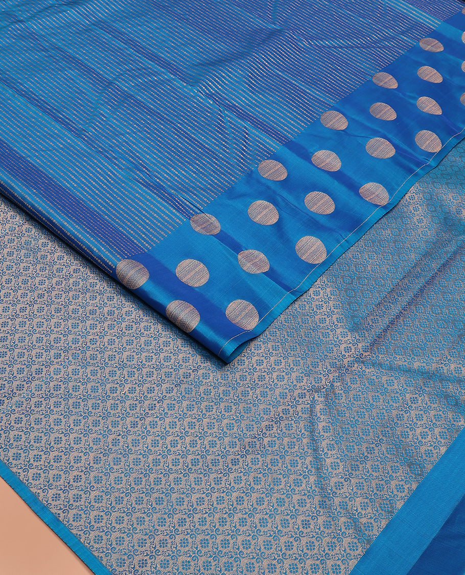Blue zari striped Vasundhara silk mix saree, zari border of round motifs, and pallu of intricate designs