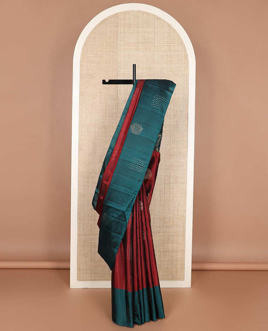 Red zari buttas silk mix saree, contrast zari design border & pallu of thilakam mokku, paisa,banaras & geometric patterns