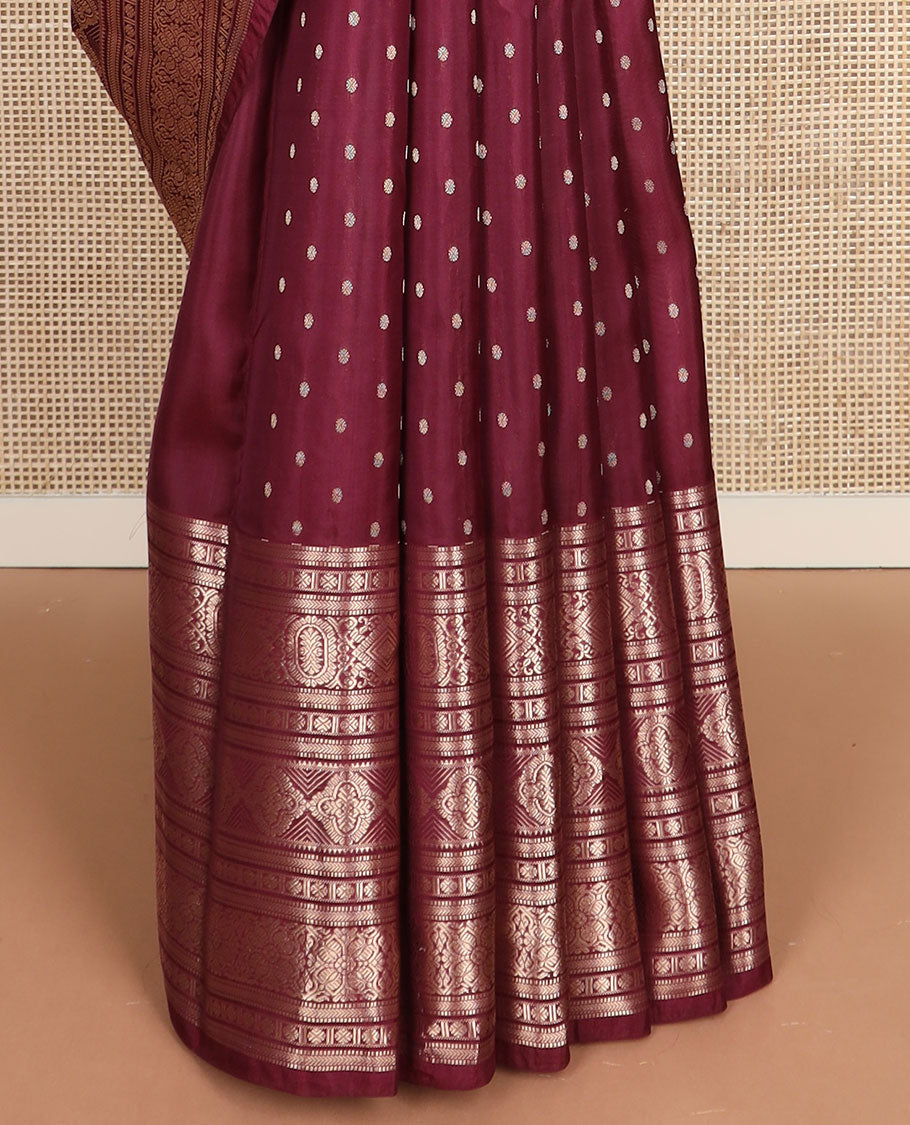 Maroon zari buttas vasundhara silk mix saree, intricate pallu & zari border of muthu,kathir,rudraksham & geometric designs