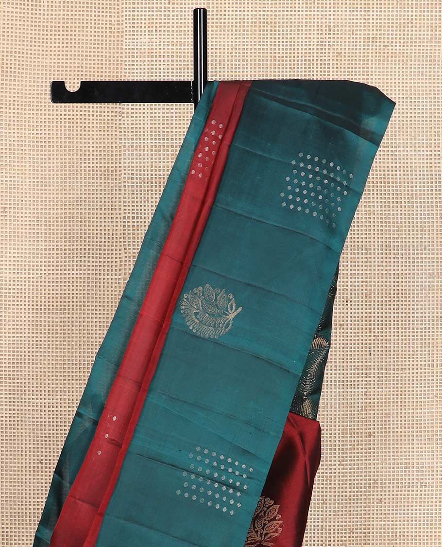 Red zari buttas silk mix saree, contrast zari design border & pallu of thilakam mokku, paisa,banaras & geometric patterns