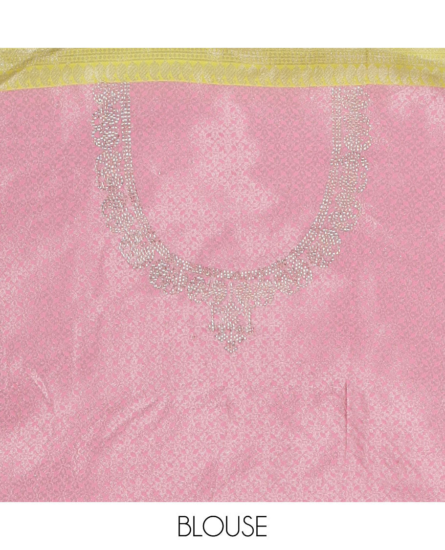 Yellow lehenga set, meenakari-style floral jacquard & contrast zari border skirt, jacquard embroidered blouse & embroidered scallop border dhavani with belt