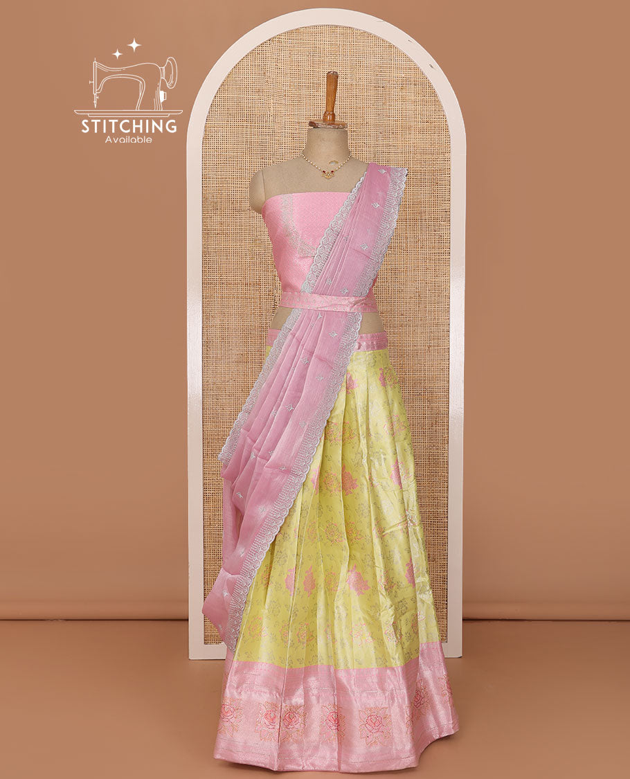 Yellow lehenga set, meenakari-style floral jacquard & contrast zari border skirt, jacquard embroidered blouse & embroidered scallop border dhavani with belt