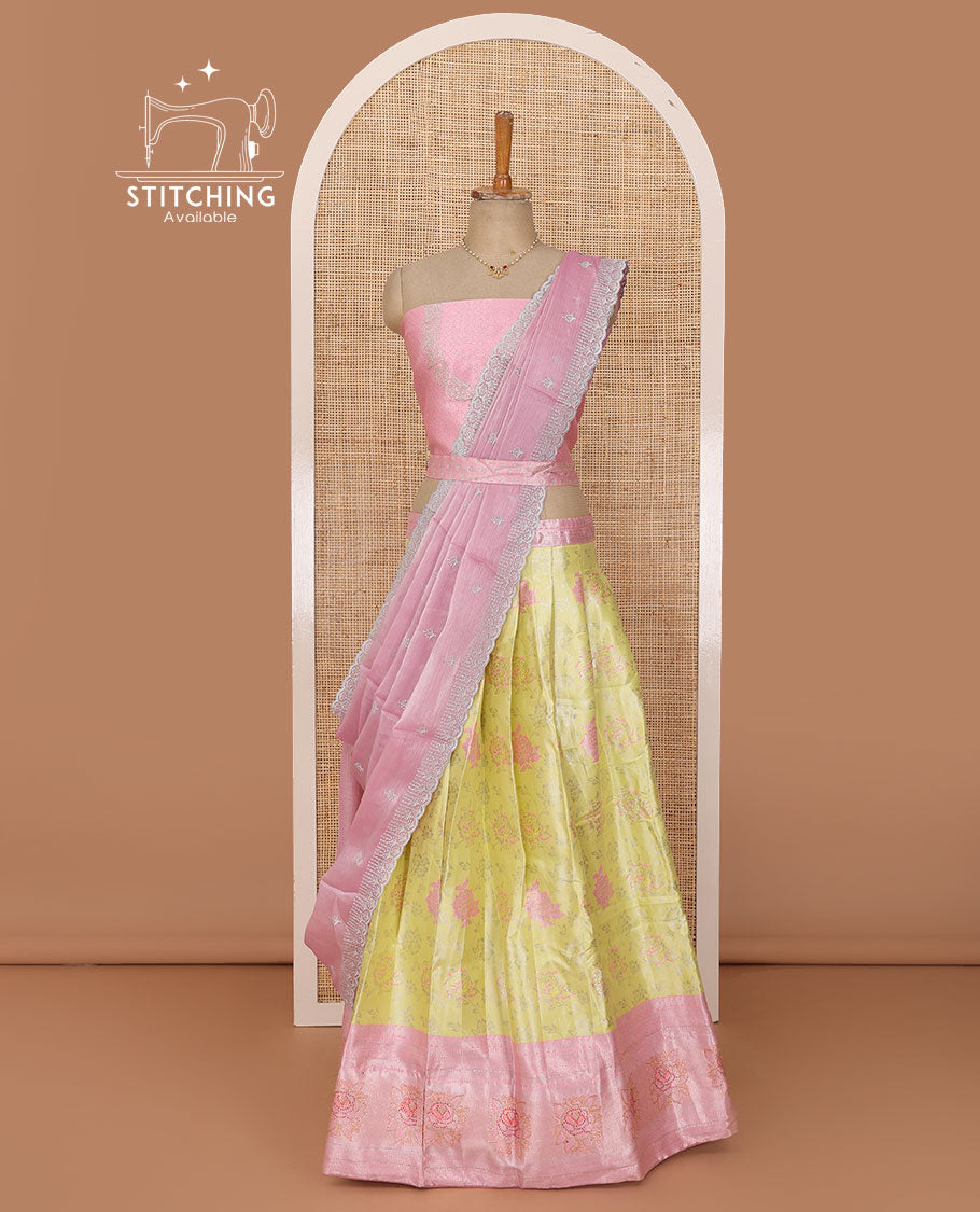 Yellow lehenga set, meenakari-style floral jacquard & contrast zari border skirt, jacquard embroidered blouse & embroidered scallop border dhavani with belt