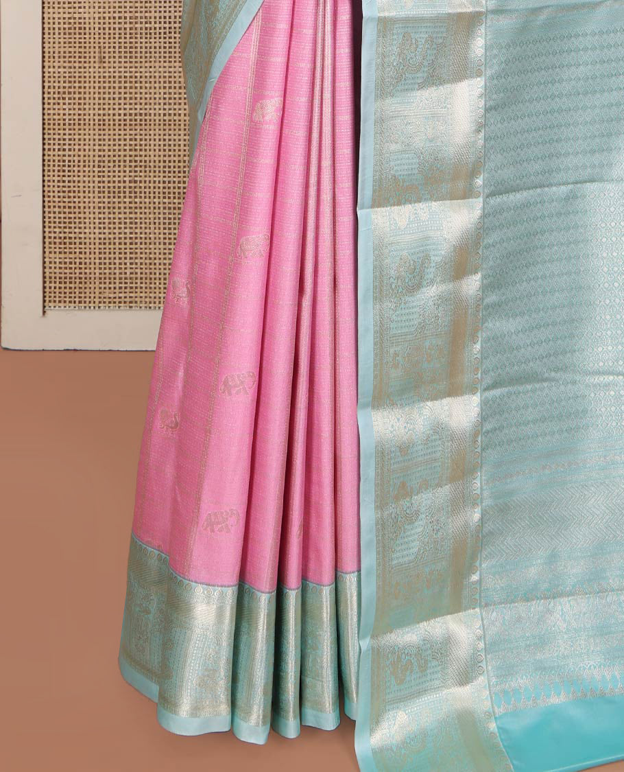 Pink Budget Silk Saree, Woven with Peacock-Elephant Butta Enclosed Checks on Its Body, Complemented by a Contrast Traditional Zari Design Border, Sparsely Sparkled Pallu, and Paired with a Contrast Blouse