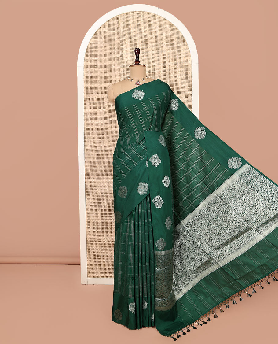 Green Assam Silk Saree, Finely Crafted with Zari Checks, Highlighted by a Floral Zari Border, Intricate Pallu, and a Matching Blouse