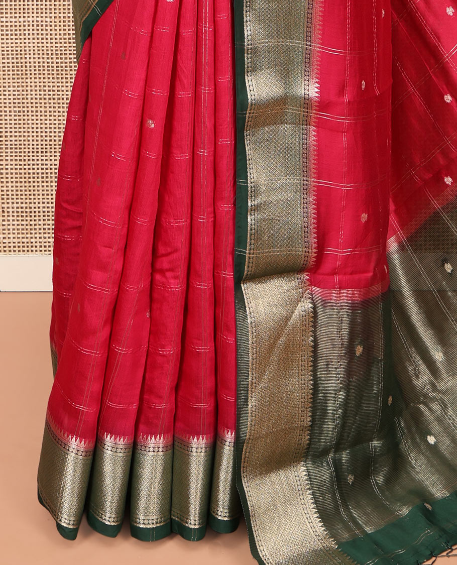 Pink Assam Silk Saree, Beautified with Zari Butta Enclosed Checks, Complemented by a Contrast Zari Buttas Woven Border, Zari-Striped Pallu, and a Contrast Blouse