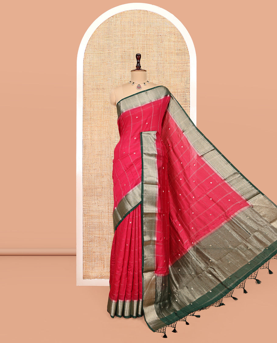 Pink Assam Silk Saree, Beautified with Zari Butta Enclosed Checks, Complemented by a Contrast Zari Buttas Woven Border, Zari-Striped Pallu, and a Contrast Blouse