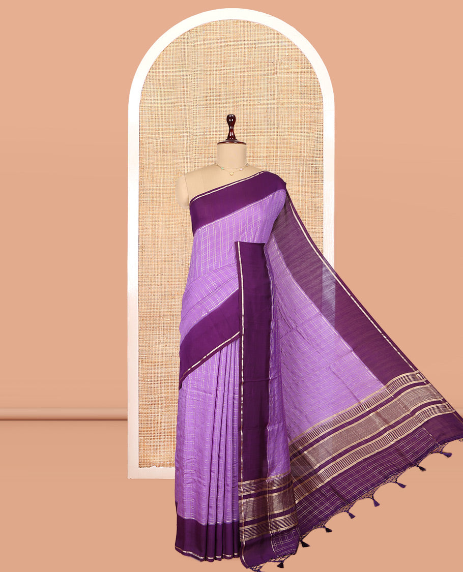 Lavender Assam Silk Saree, Showcasing Zari Checks, Complemented by Contrast Zari Border, Zari Woven Pallu, and Contrast Blouse