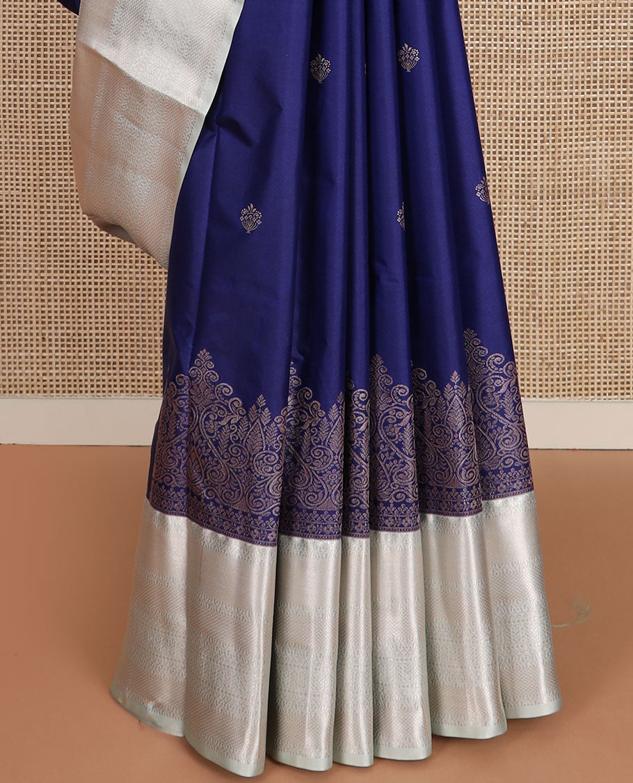 Blue zari buttas gift saree, contrast traditional zari design border, and vertical zari striped pallu