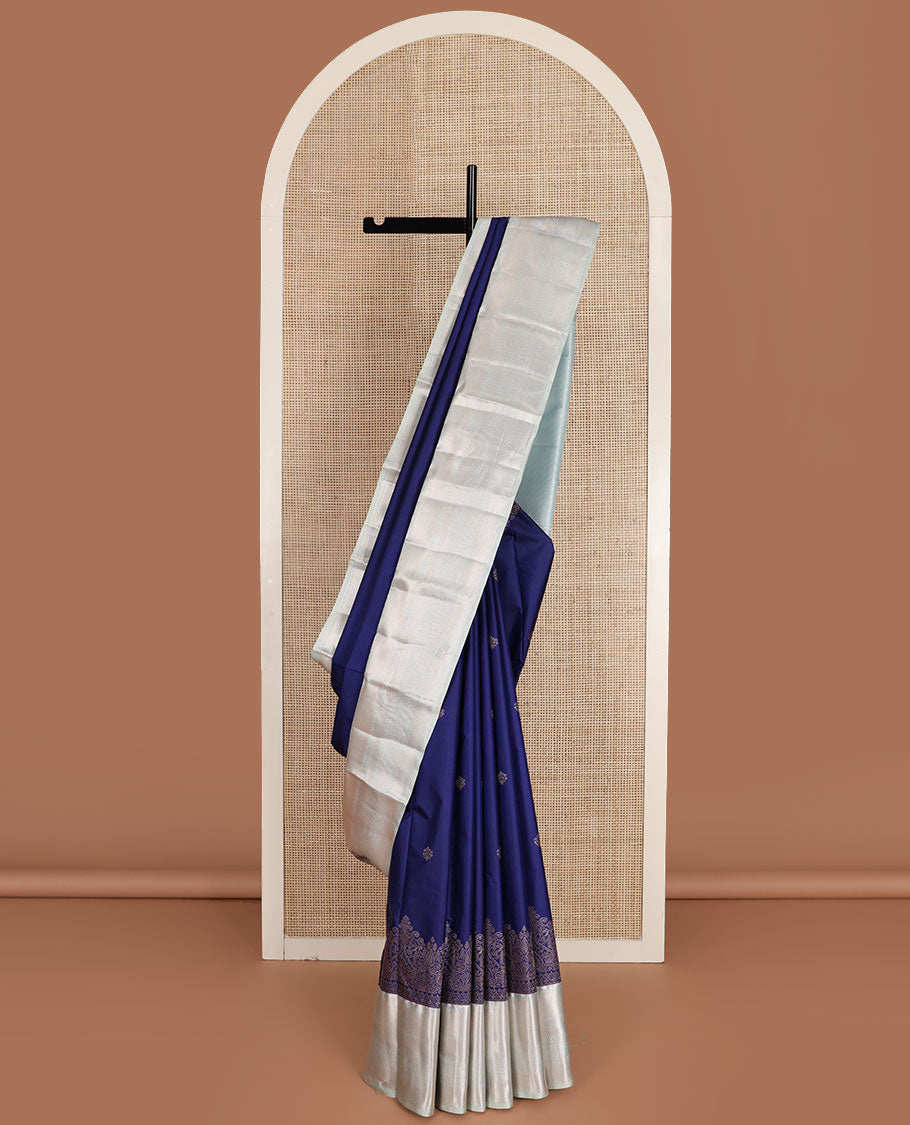 Blue zari buttas gift saree, contrast traditional zari design border, and vertical zari striped pallu