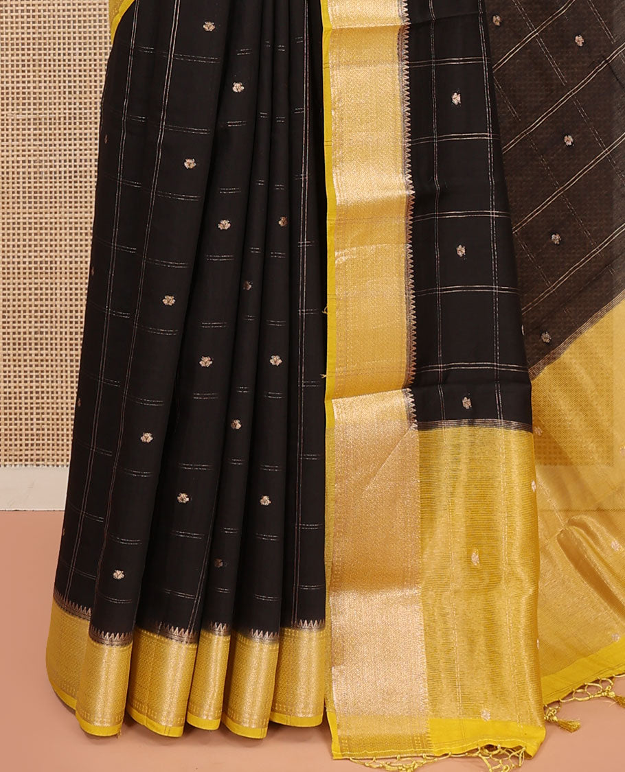 Black Assam Silk Saree, Detailed with Zari Butta Enclosed Checked Design, Complemented by Contrast Zari Border of Traditional Designs, Pallu Features Zari Designs, and Paired with a Contrast Blouse
