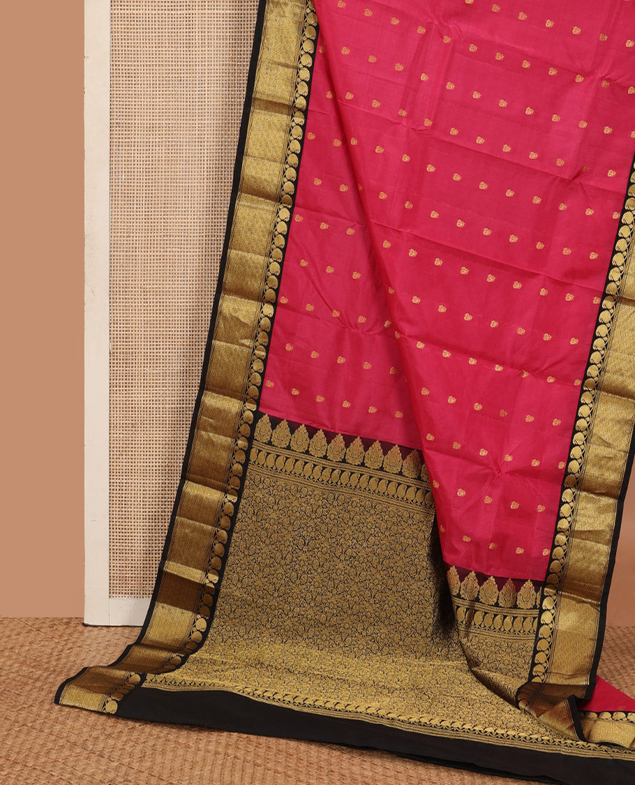Pink zari buttas Bangalore silk saree, contrast traditional zari woven border, and floral jaal pallu