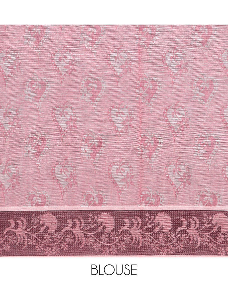 Blue spade-patterned Coimbatore cotton saree, floral creeper border, & contrast lotus motifs pallu