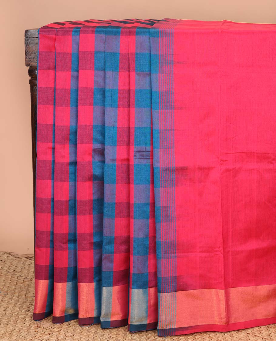 Multi-color checked design poly cotton saree, zari border, and contrast zari striped pallu