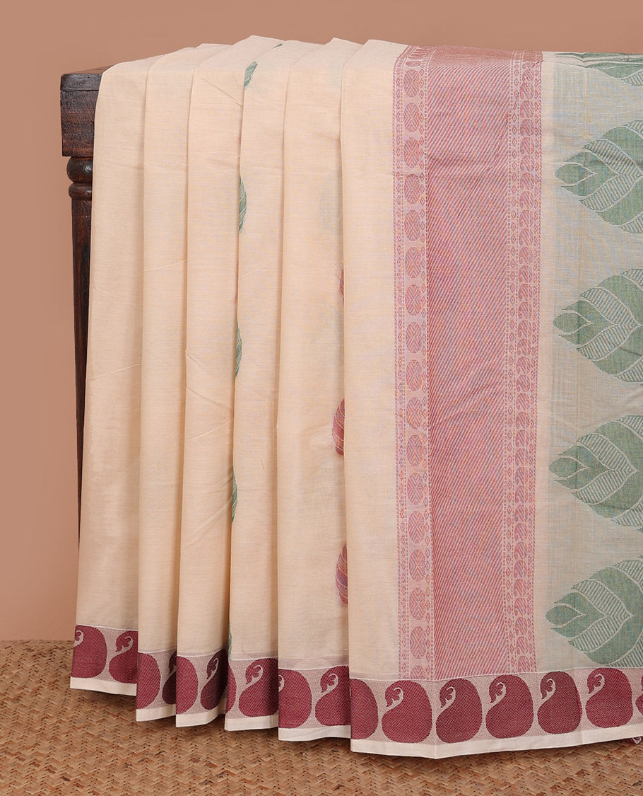 Sandal leaf motifs kanchi cotton saree, manga motifs border and pallu of leaf and geometric patterns