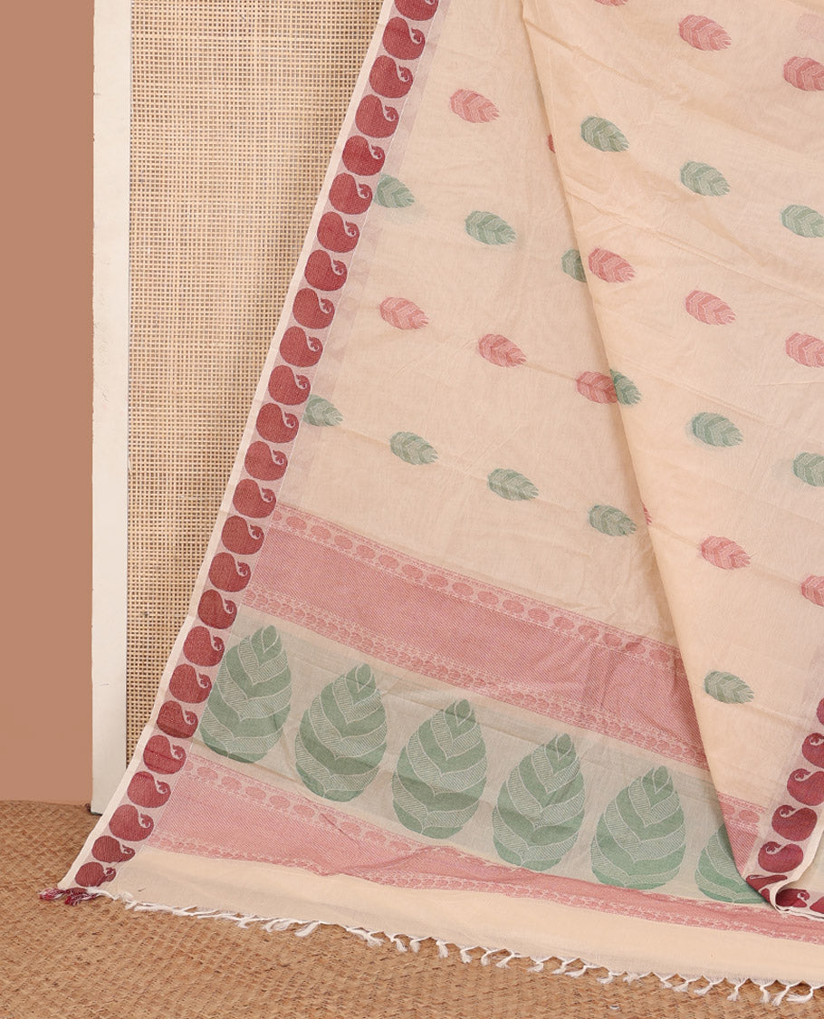 Sandal leaf motifs kanchi cotton saree, manga motifs border and pallu of leaf and geometric patterns