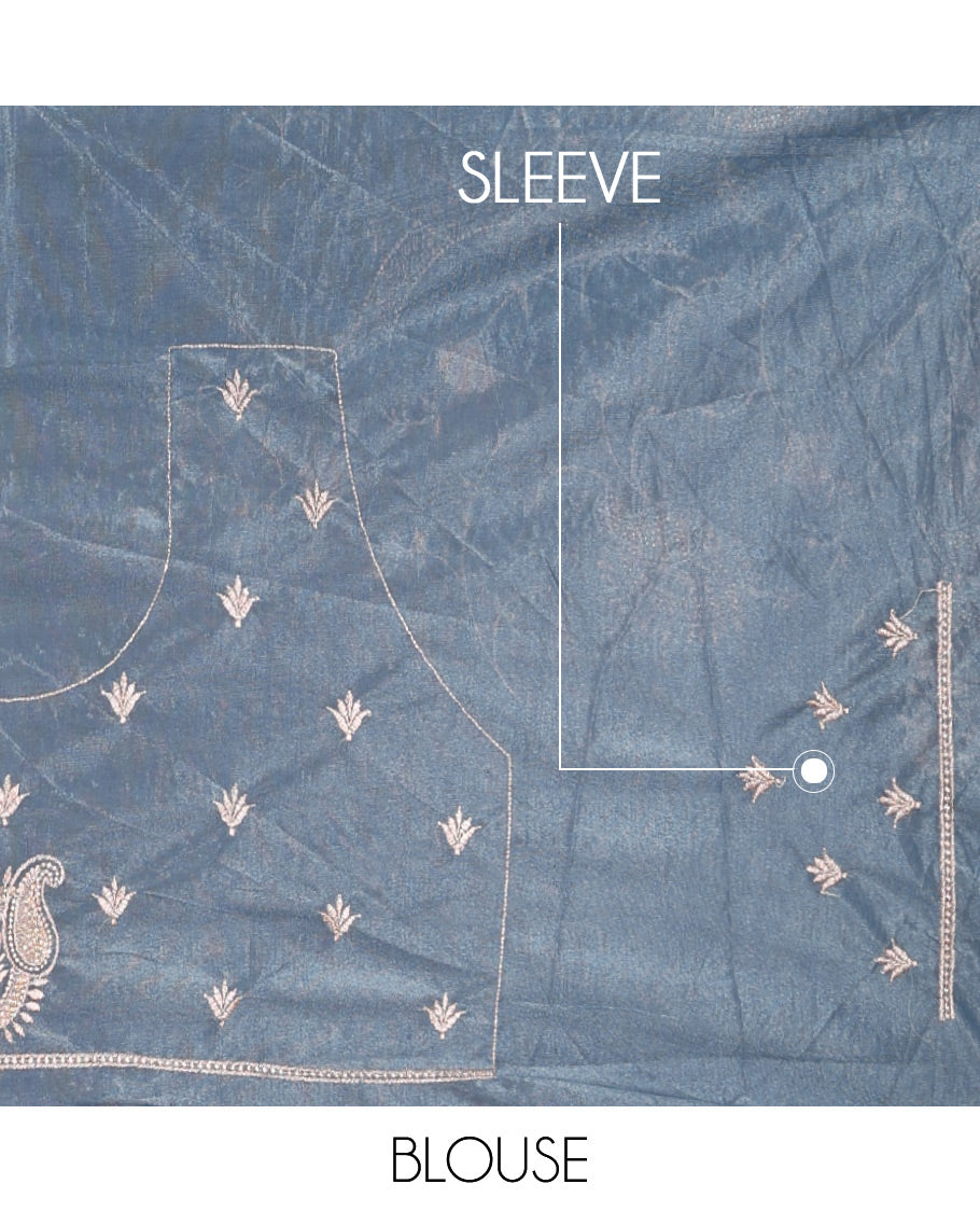 Grey floral and paisley vine embroidered designer saree, scallop paisley thread embroidered border
