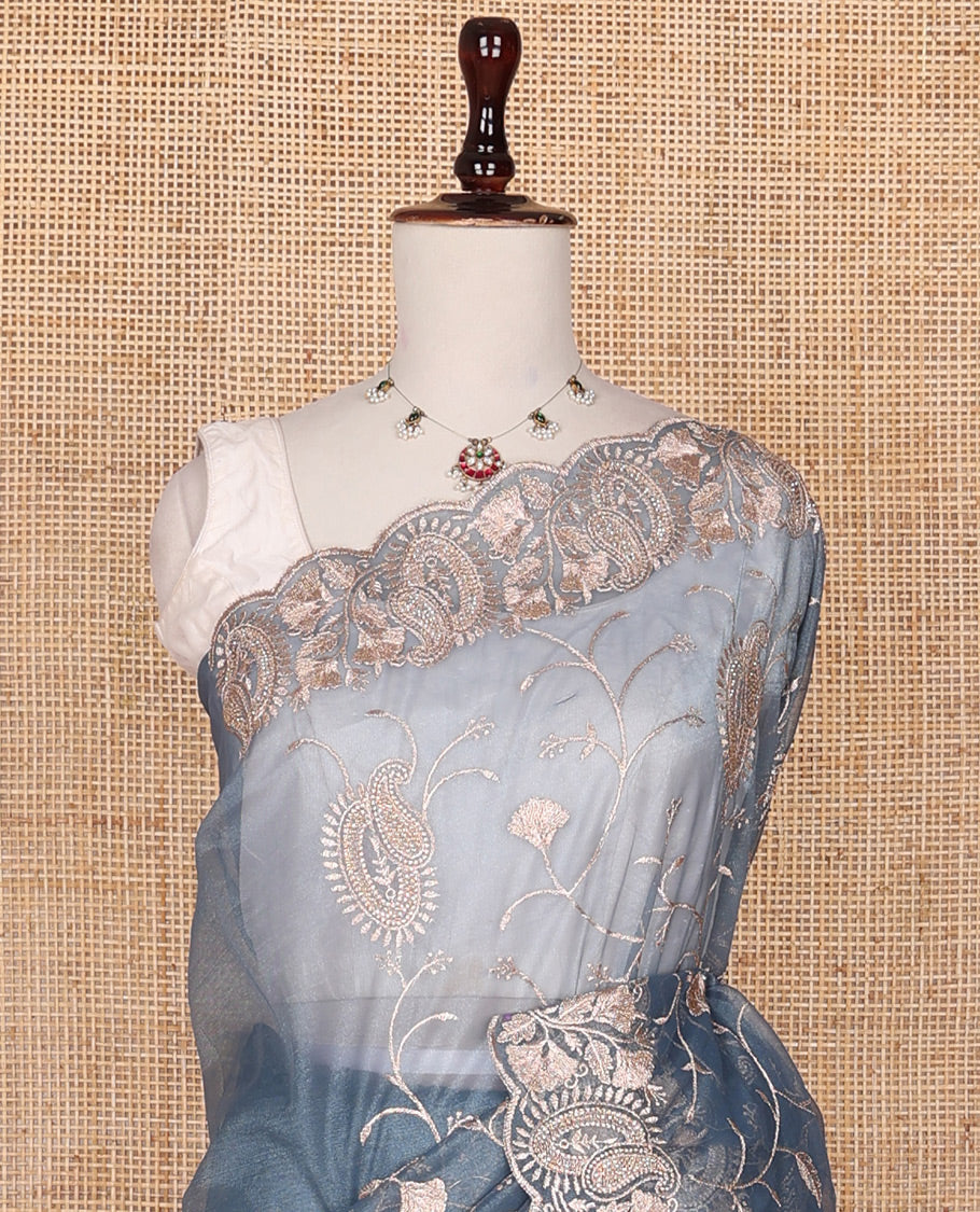 Grey floral and paisley vine embroidered designer saree, scallop paisley thread embroidered border