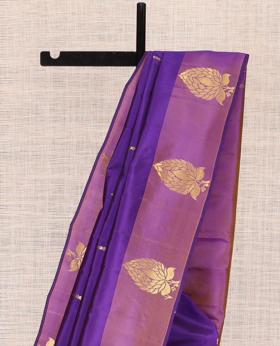 Purple Kanchipuram Silk Saree, Woven with Zari Buttas, Complemented by a Contrast Zari Border, Pallu of Zari Design, and Contrast Blouse