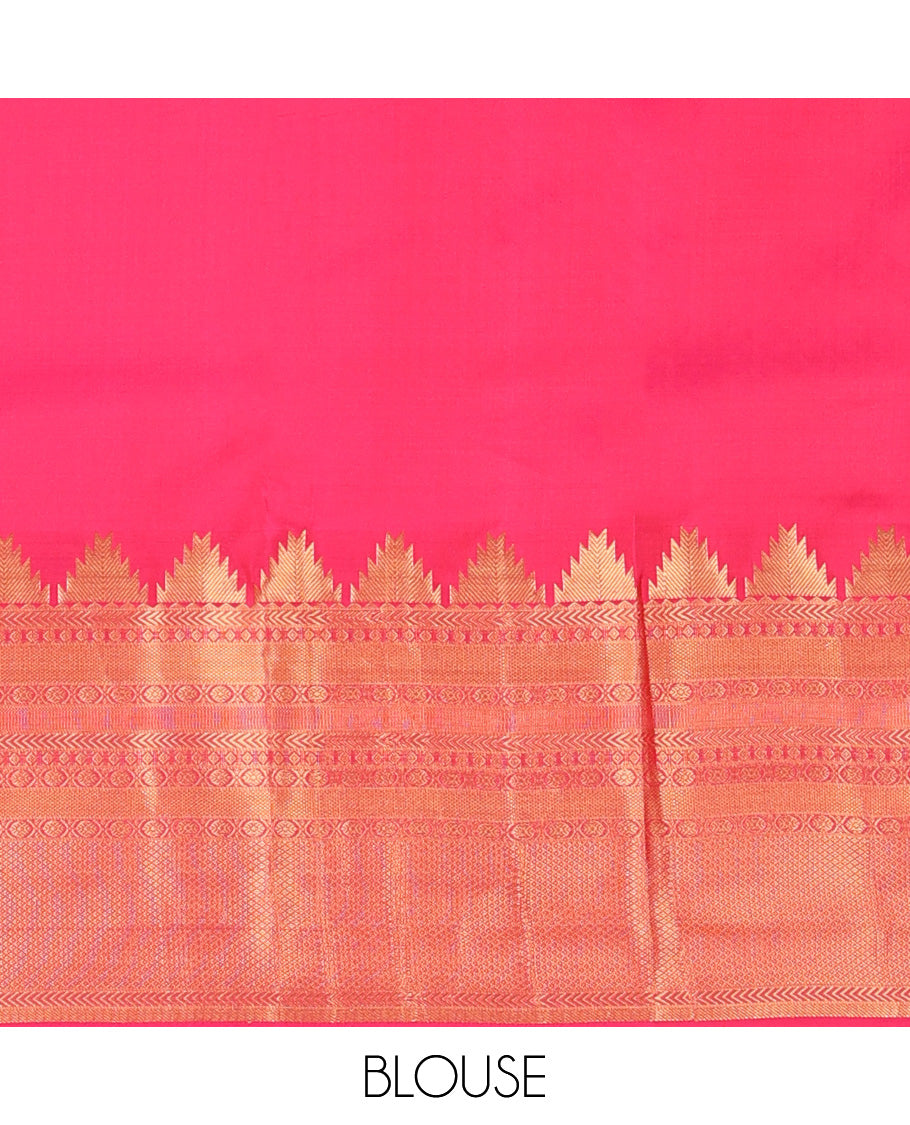 Pink plain Kanchipuram silk saree, thazampoo rekku border of rekku, kathir, diamond, poun, and mayil kann and jaal pallu
